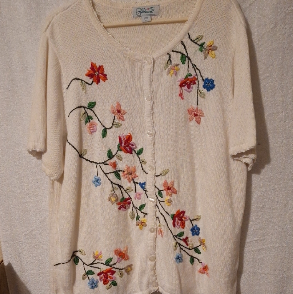 Haband Cream Floral Embroidered Cardigan